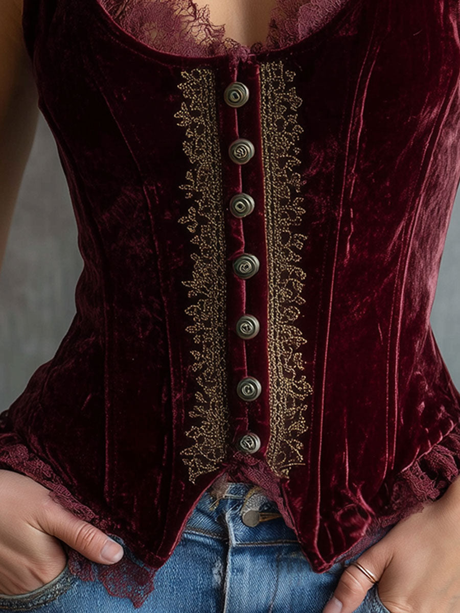 Vintage Burgundy Lace Patchwork Embroidered Vest