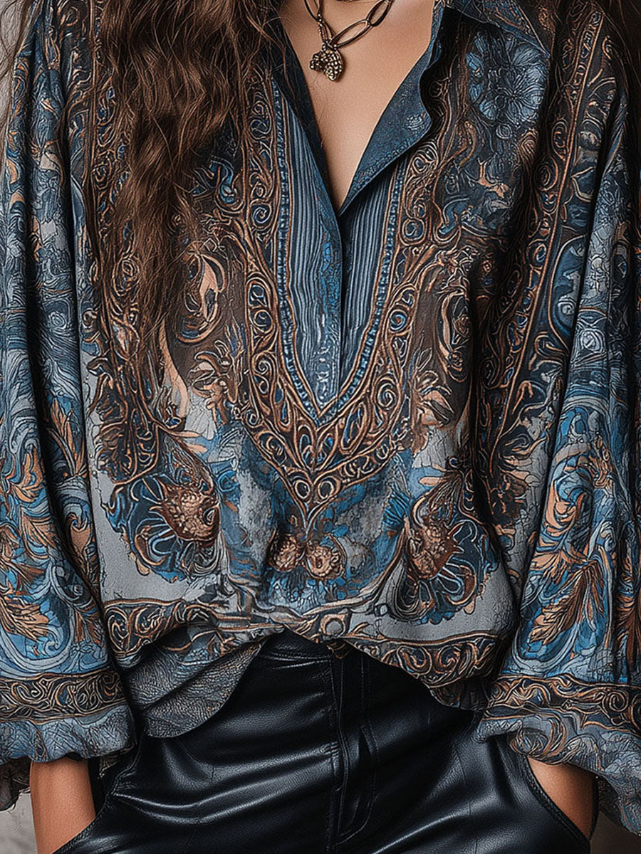 Retro Blue Bronze Baroque Paisley Print Loose Blouse