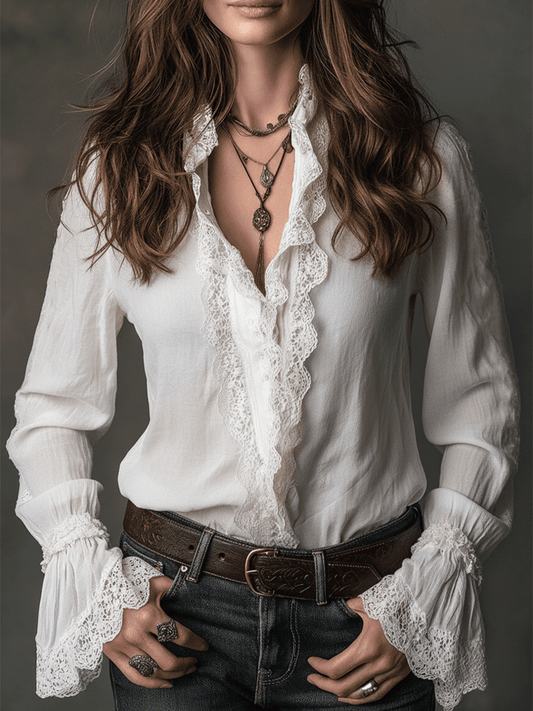 Casual And Versatile White Lace-Trimmed Shirt