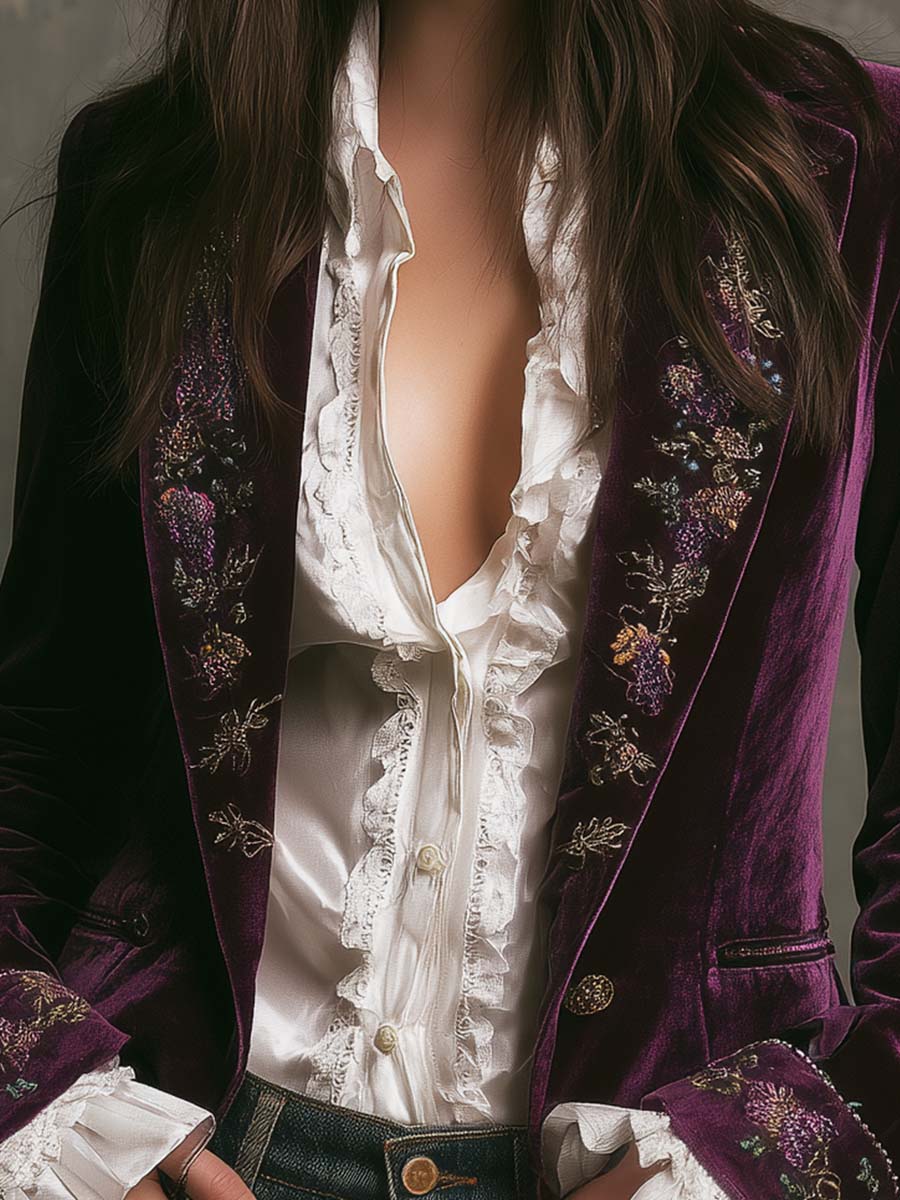 Vintage Plum Velvet Embroidered Blazer