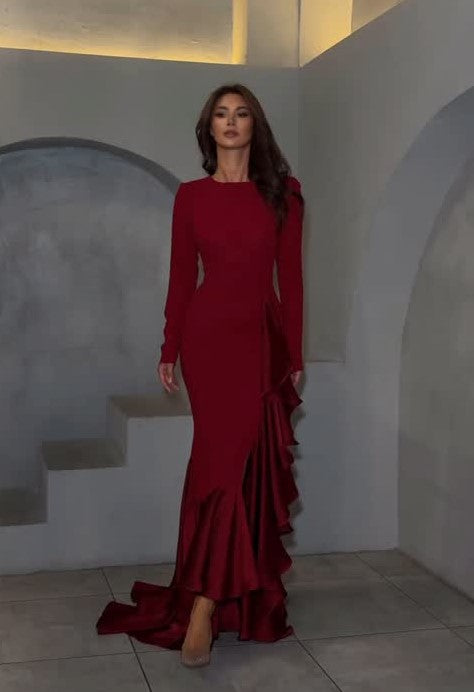 Sexy Solid Color Long Sleeve Slim Fit Ruffled Dress