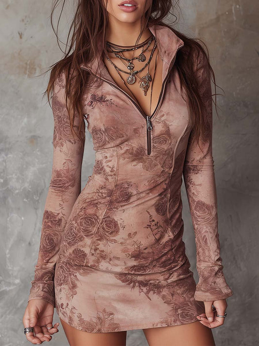 Vintage Floral Eco-Suede Zip Dress
