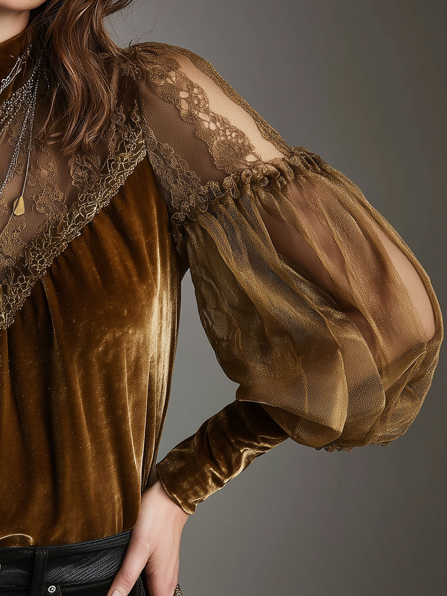 Retro Gold Velvet Lace Patchwork Balloon Sleeve Blouse