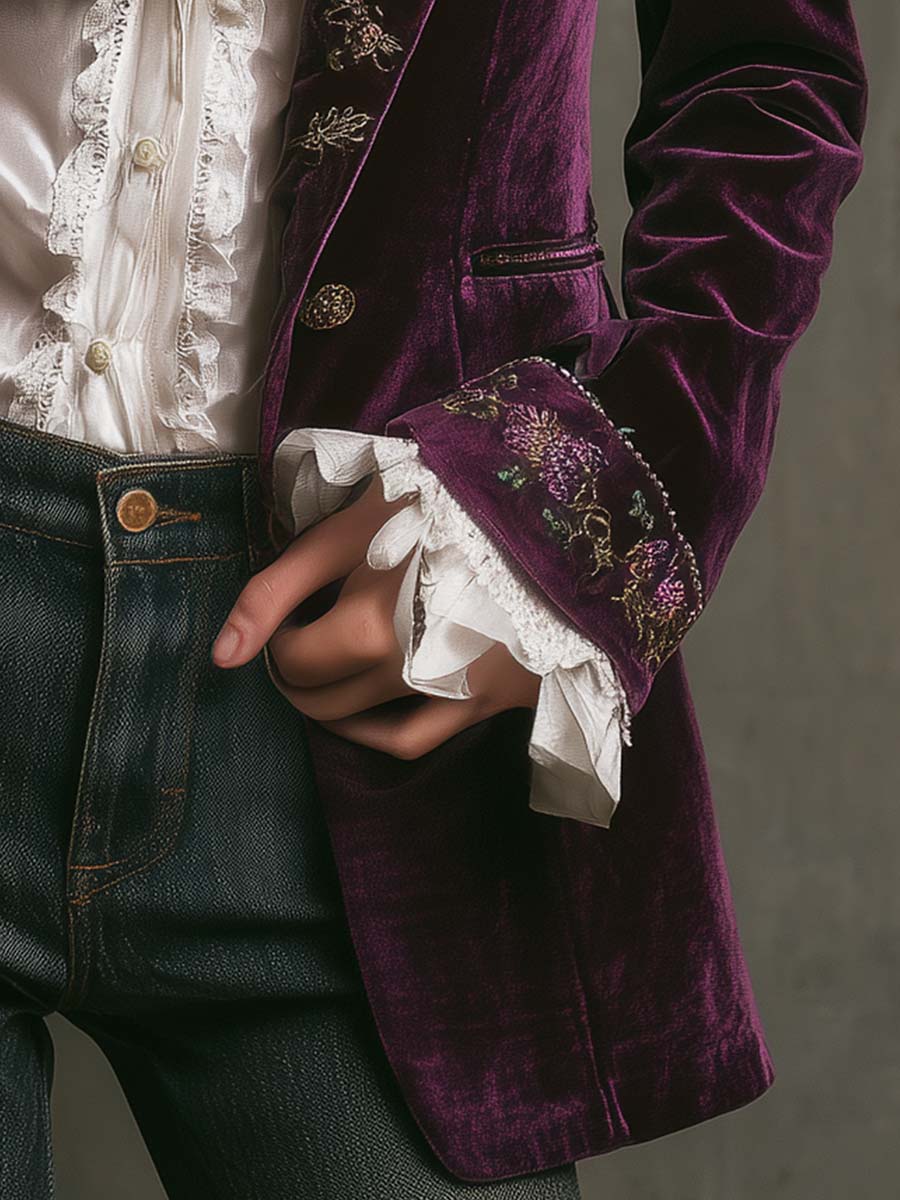 Vintage Plum Velvet Embroidered Blazer