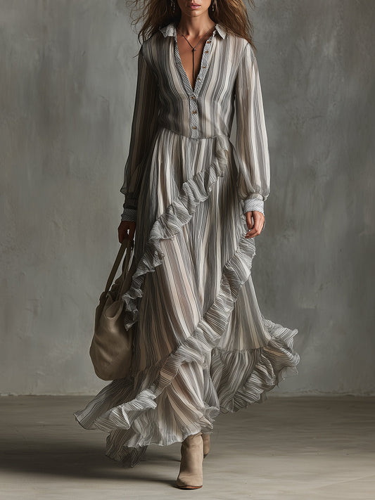 Bohemian Striped Ruffle Hem Shirt Collar Maxi Dress