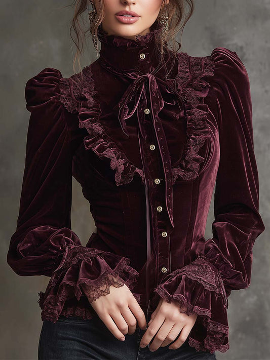 Garnet Red Romance Victorian Velvet Ruffle Blouse