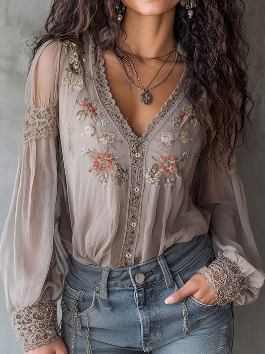 Romantic Floral Embroidered Sheer Blouse With Lace Trim