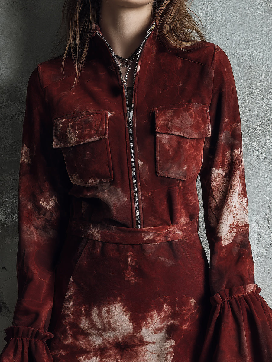 Bohemian Ruffled Cuffs Printed Polyester Suede Mini Dress