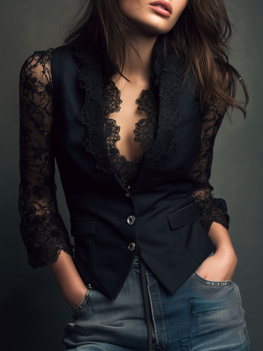 Elegant Black Lace Panel Sleeve Blazer Top Vest