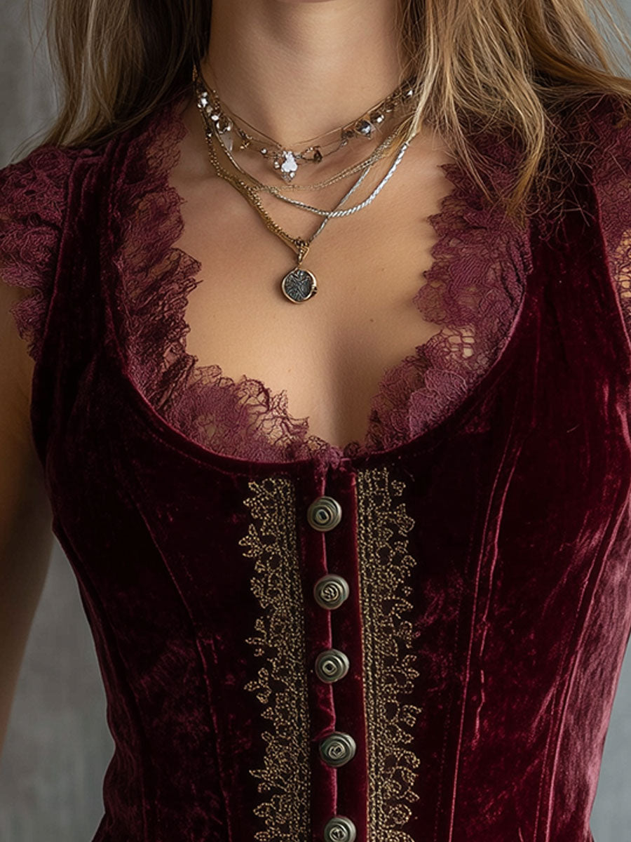 Vintage Burgundy Lace Patchwork Embroidered Vest