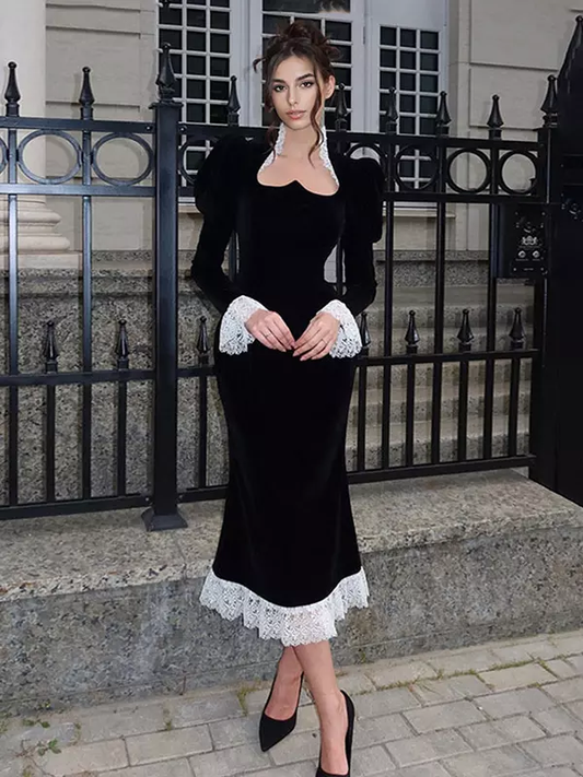 Sexy Open Collar Slim Lace Trim French Dress