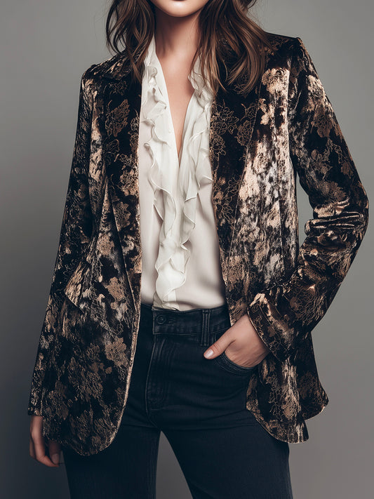Vintage Luxe Metallic Printed Velvet Floral Blazer