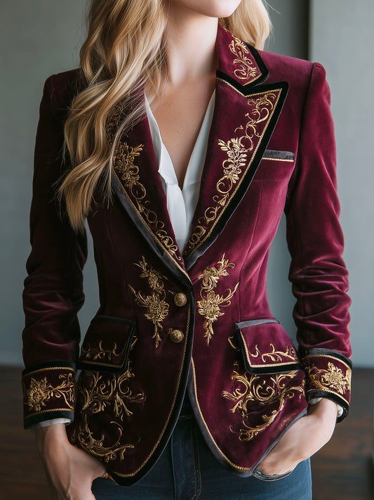 Vintage Burgundy Velvet Gold Baroque Embroidered Blazer
