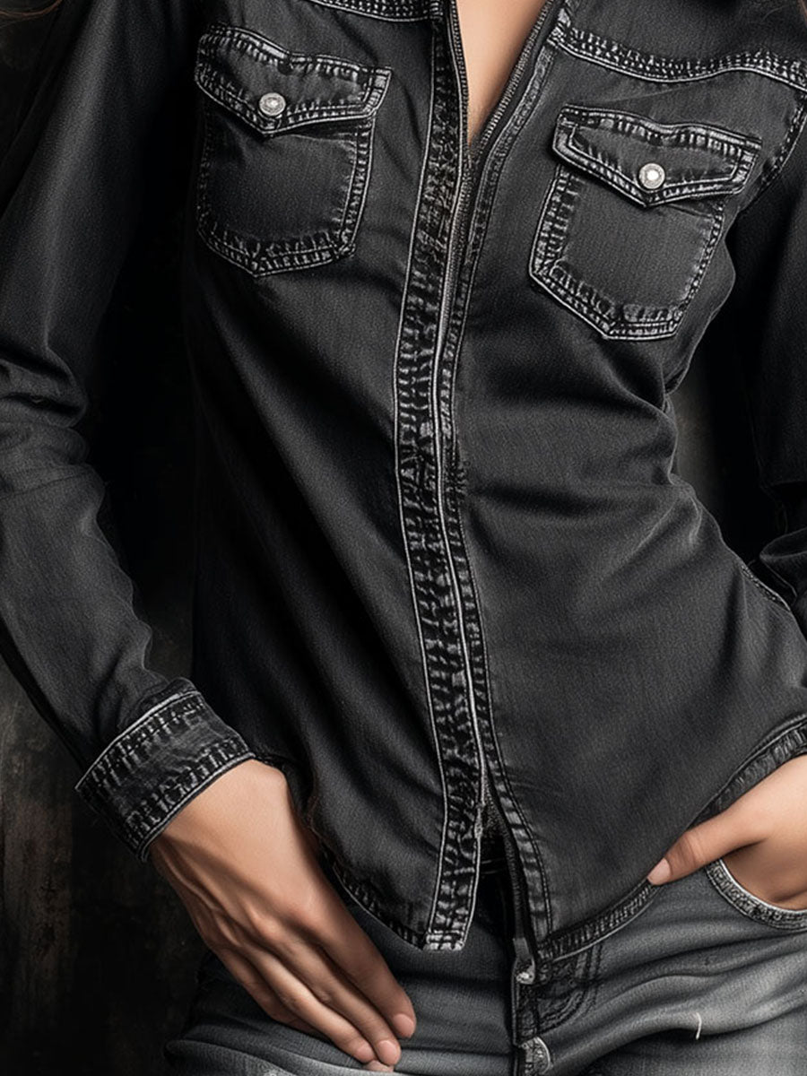 Vintage Charcoal Contrast Stitch Washed Denim Zip Shirt