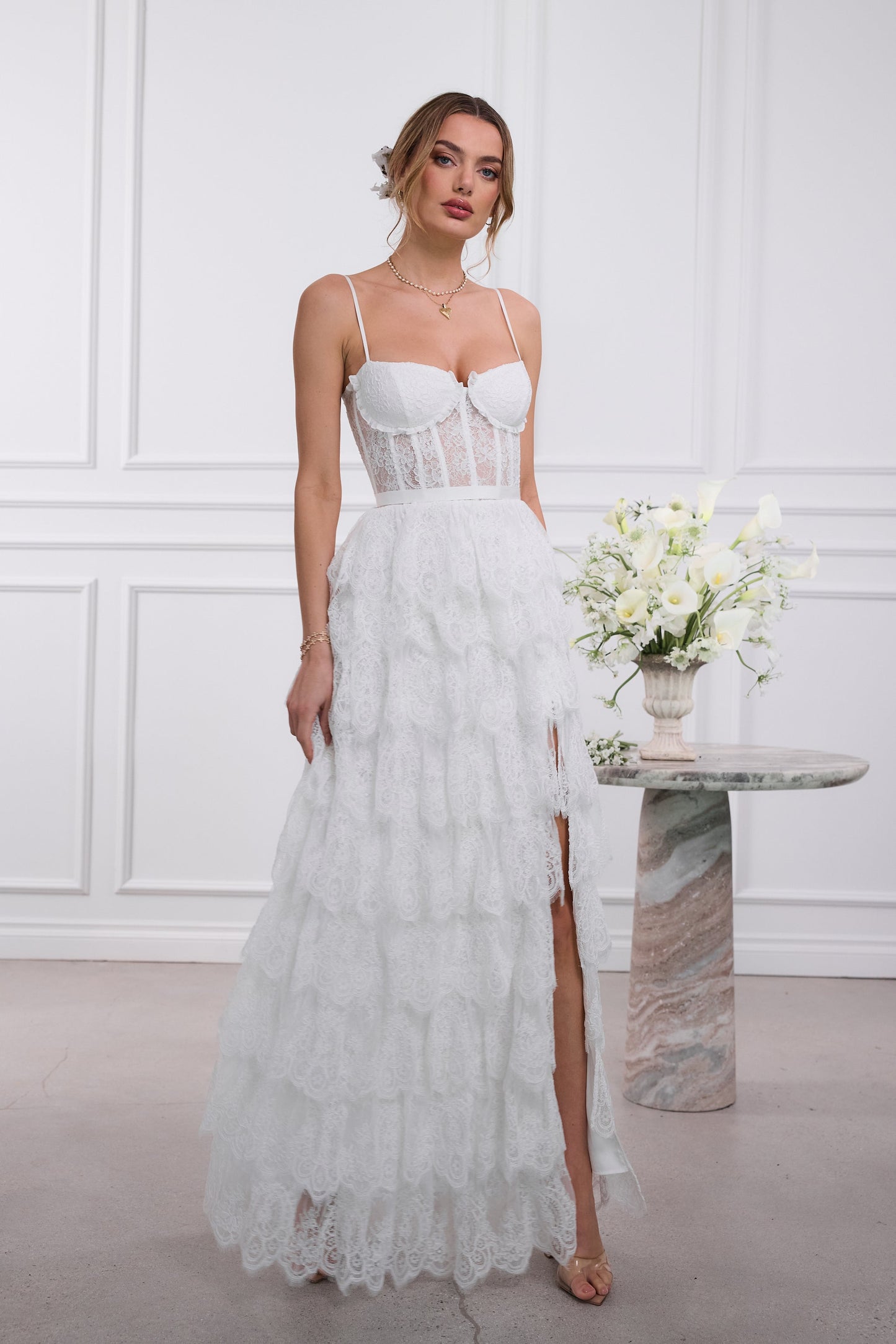 The Juniper Dress in White Chantilly Lace