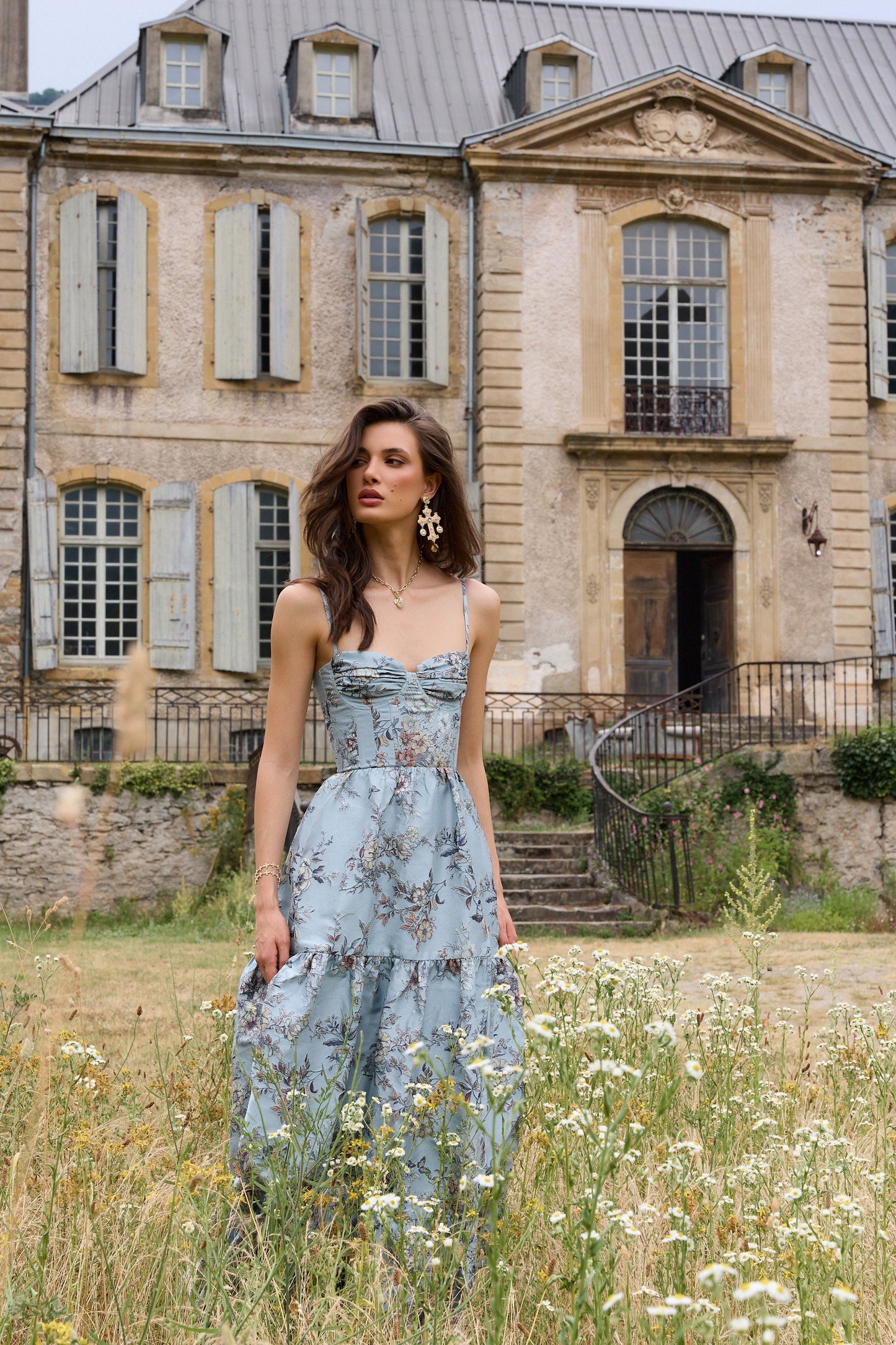 The Lucetta Dress in Light Blue Lilibet Brocade