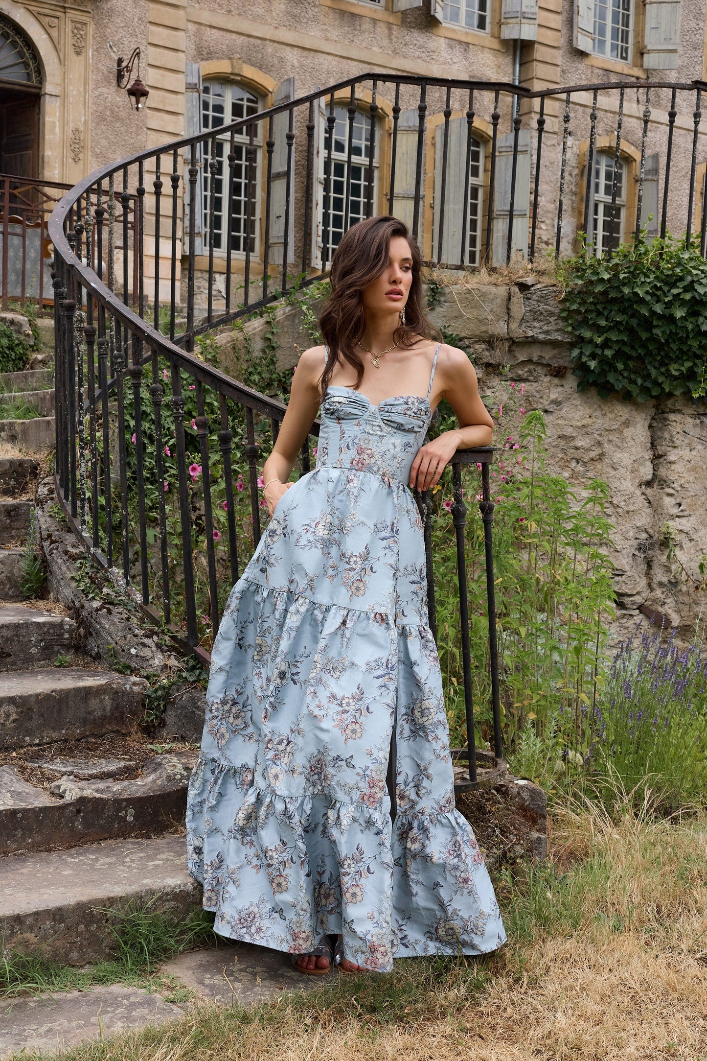 The Lucetta Dress in Light Blue Lilibet Brocade