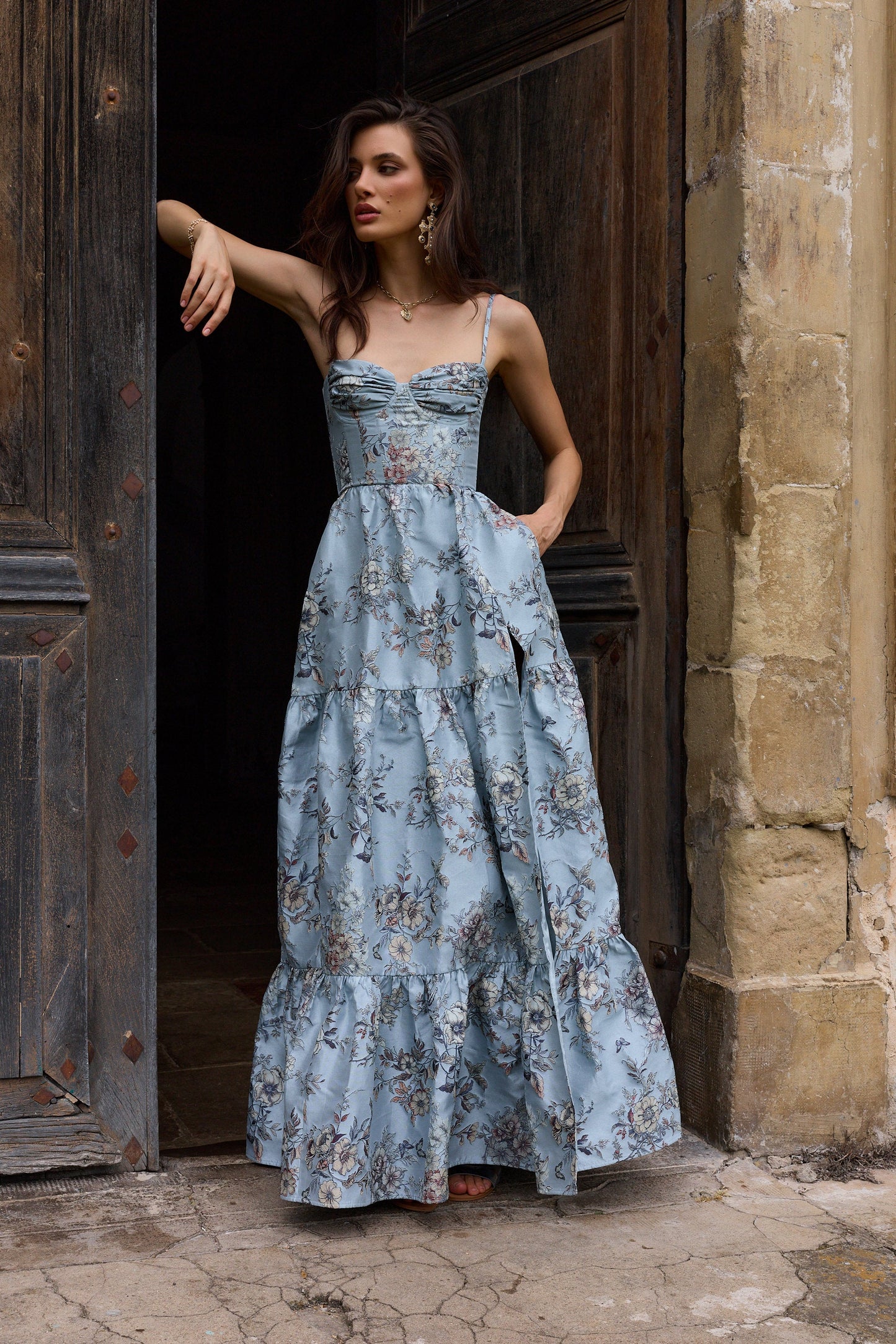 The Lucetta Dress in Light Blue Lilibet Brocade