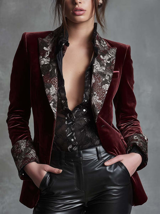 Velvet Blazer With Snake-Floral Print Lapels