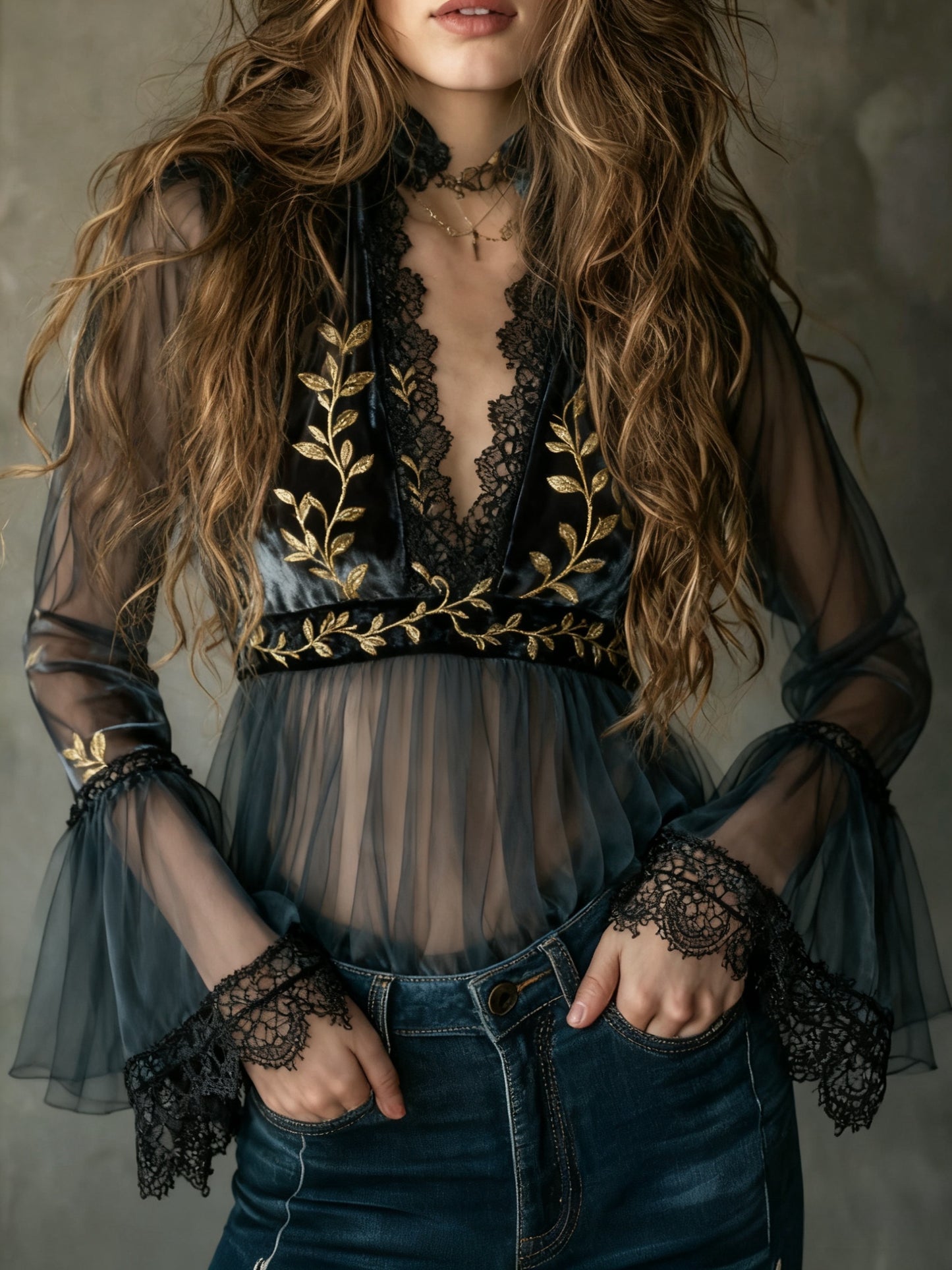 Gold lace halter neck tulle long sleeve