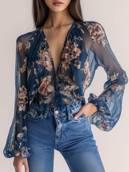 Elegant Bohemian Navy Floral Shirt