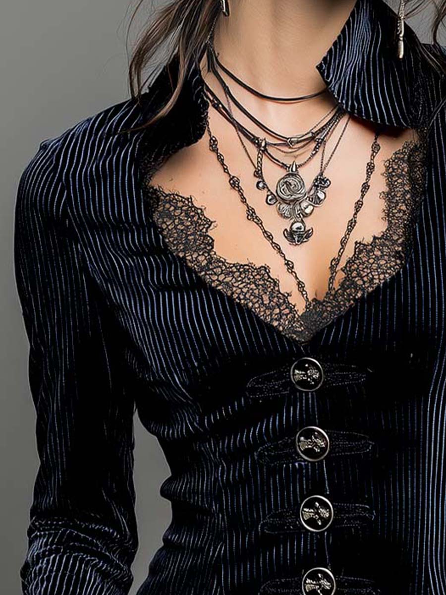 Lace V-neck Flared Cuffs Vintage Velvet Shirt