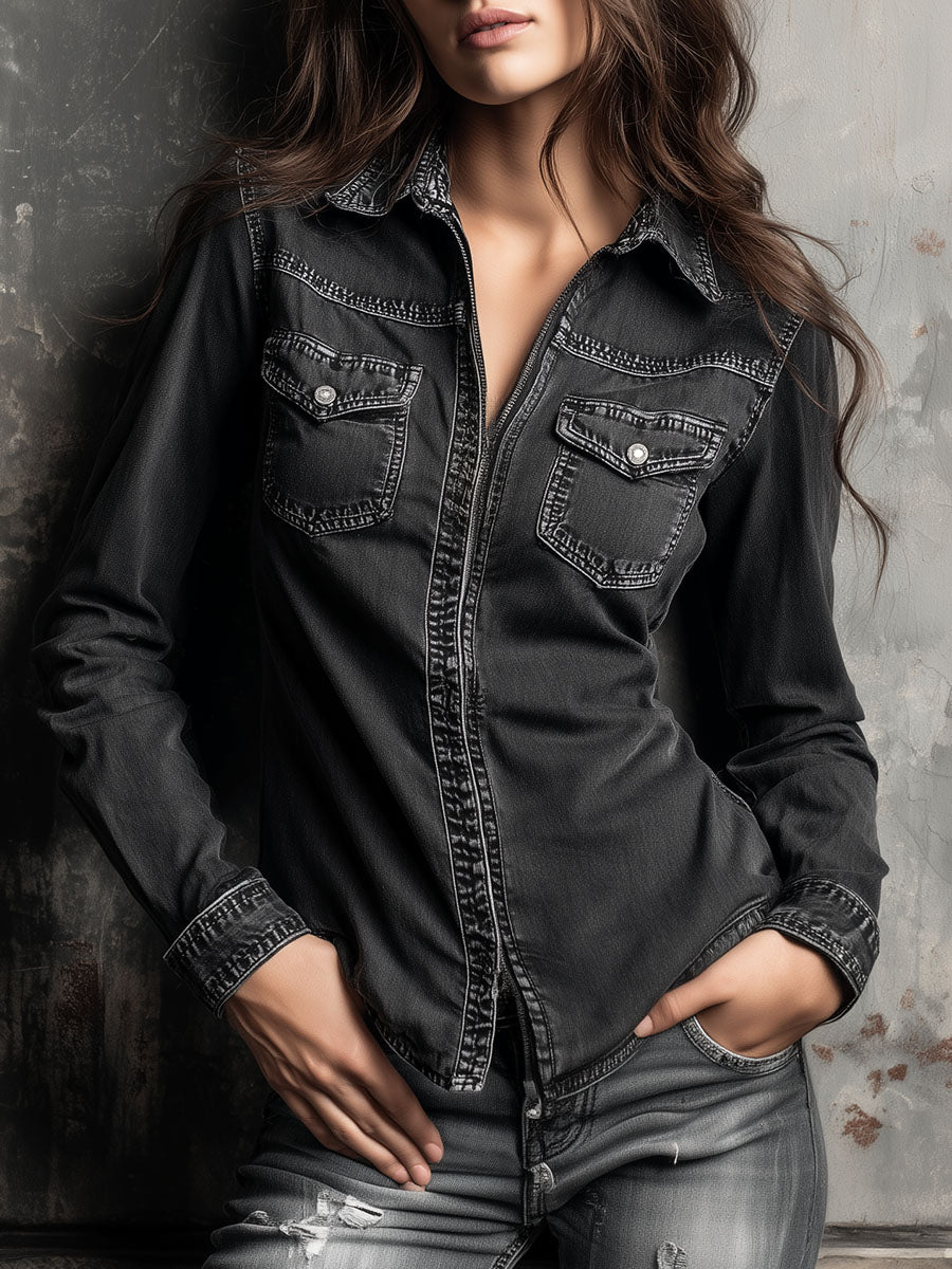 Vintage Charcoal Contrast Stitch Washed Denim Zip Shirt