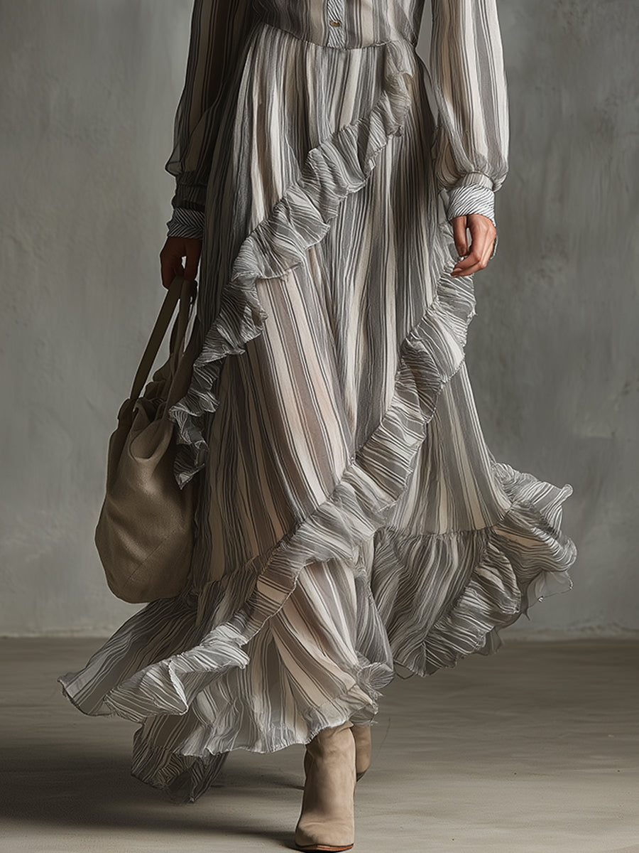 Bohemian Striped Ruffle Hem Shirt Collar Maxi Dress