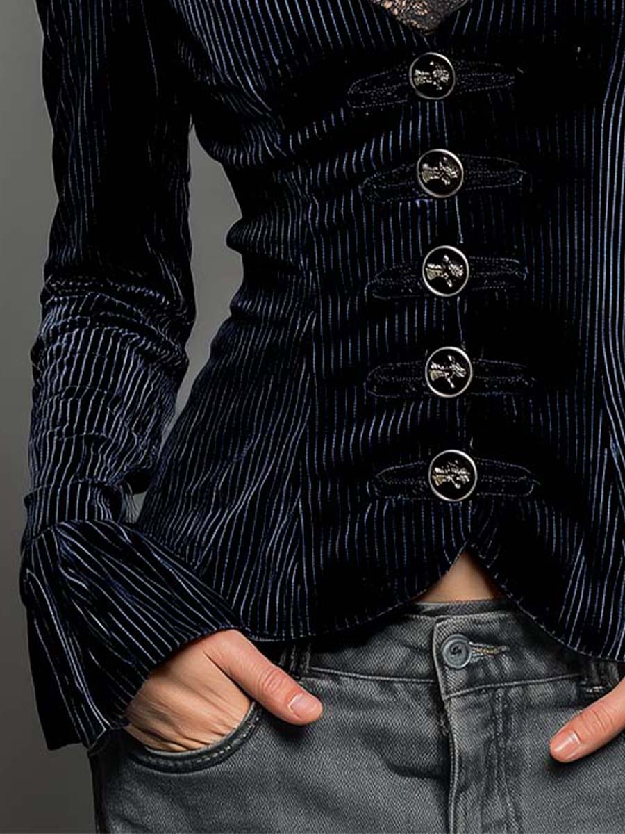 Lace V-neck Flared Cuffs Vintage Velvet Shirt